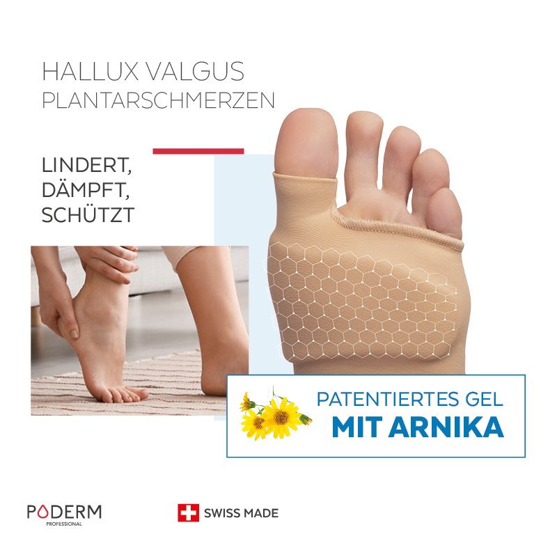 Poderm Schutz Fußschmerzen und Hallux valgus mit Arnika Poderm Schutz Fußschmerzen und Hallux valgus mit Arnika