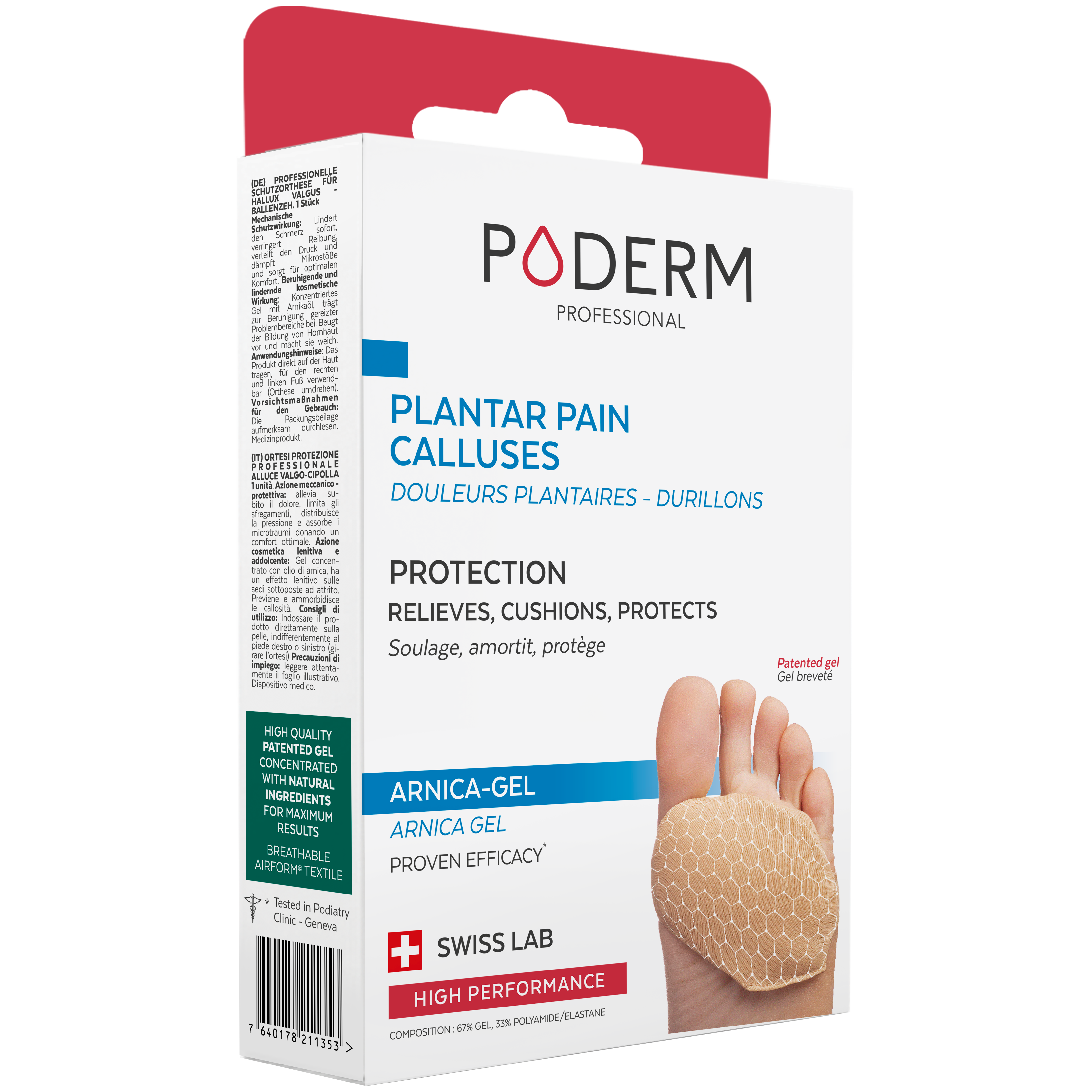 protection gel arnica against plantar pain & calluses Poderm, metatarstalgie, callositis, Morton syndrome, sesamoiditis Gel de protection à l'arnica contre les douleurs plantaires et les durillons Poderm, metatarstalgie, callosite, syndrome de Morton, sésamoïdite